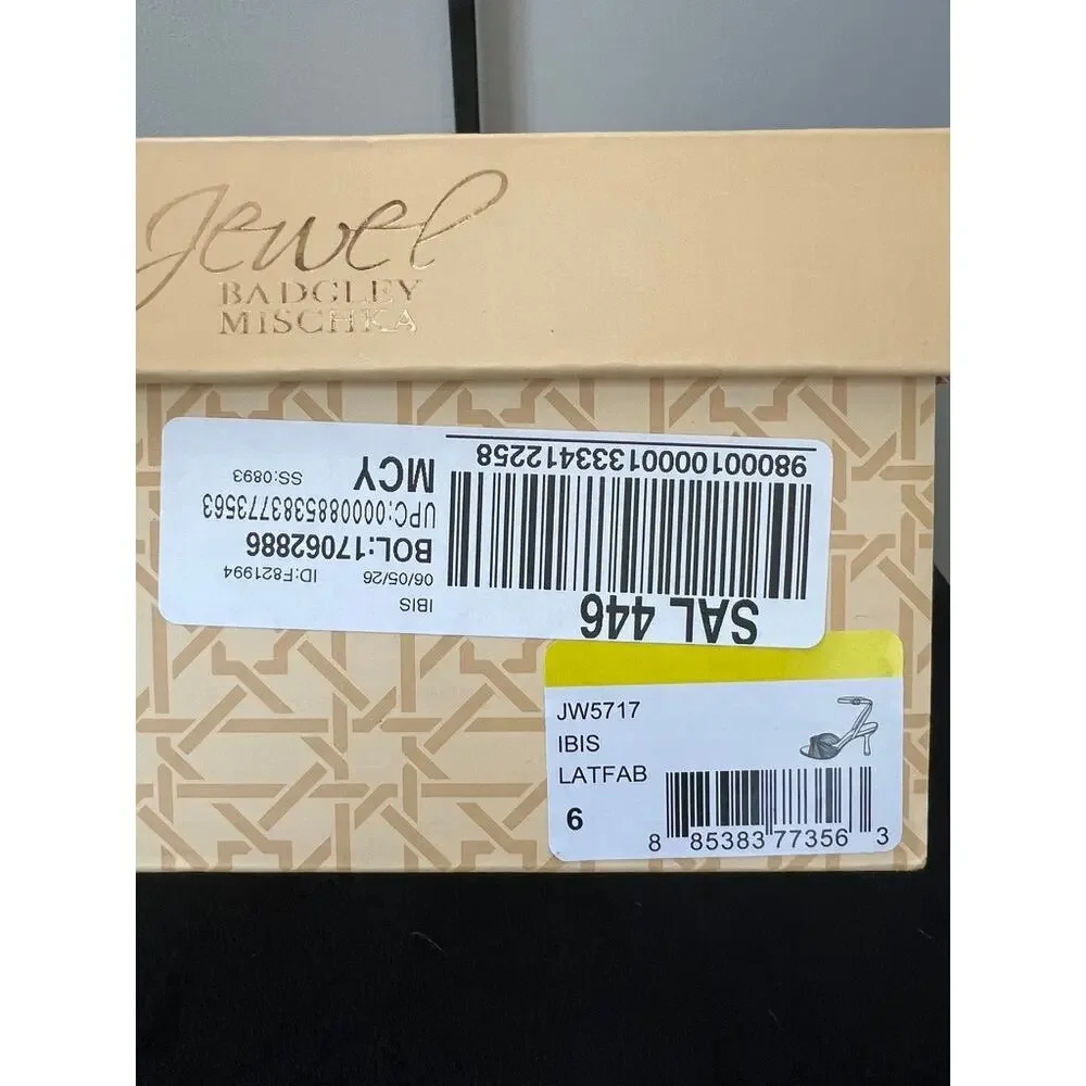 Jewel Badgley Mischka Ibis Latte Satin Knot Evening Sandals Size 6 NIB